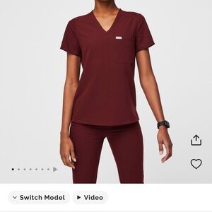 Figs Maroon Short Sleeve V-Neck Top